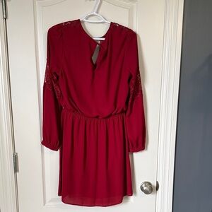 Women's Red Long-Sleeve Lace Detail Dress